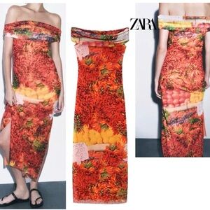 Zara red orange hot chili pepper fruit grape off shoulder bodycon midi dress S